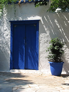 blå, døren, træ, stuk, Grækenland, hjem, døråbning