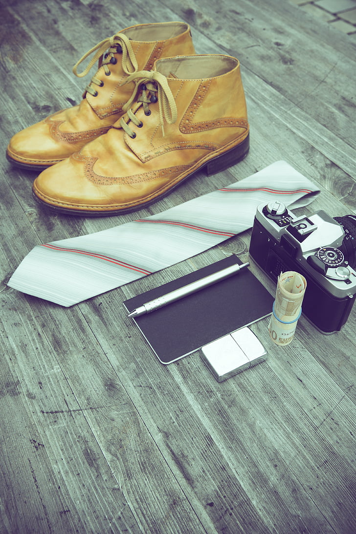 hipster, livsstil, slips, kamera, Foto, analog, notebook