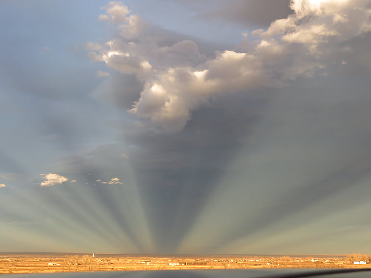 anticrepuscular rays, prairie, countryside, sky, clouds, outdoors, scenic