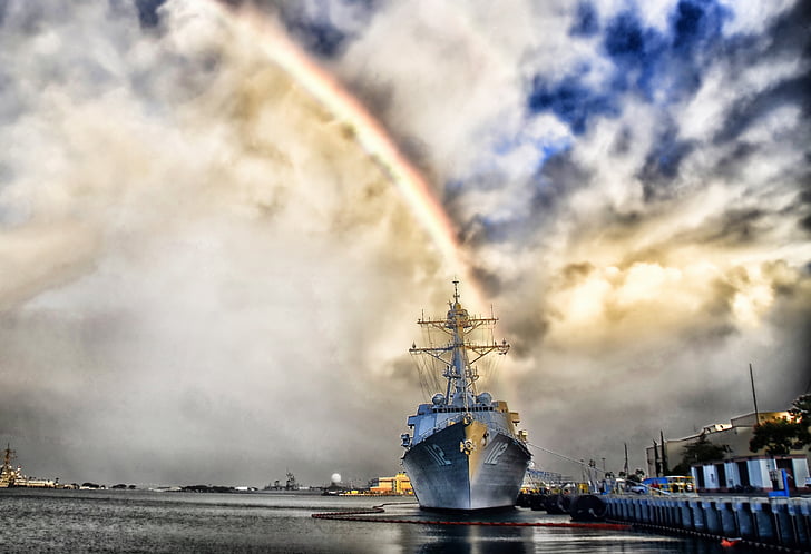Pearl harbor, Hawaii, arcobaleno, nave, blu marino, militare, cielo