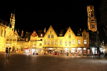 Belçika, Bruges, Piazza, gece, akşam, aydınlatma, gece manzarası