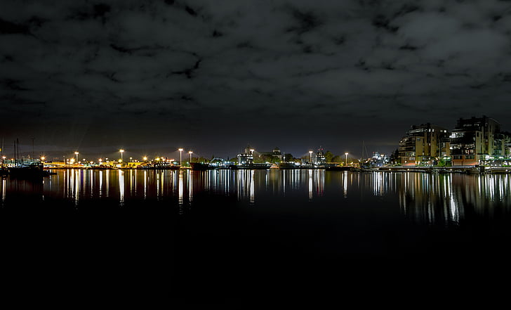 água, à noite, cidade, Rio, nave, reflexão
