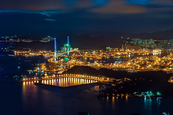 Hong kong, port, noapte, lumini, City, urban, orizontul