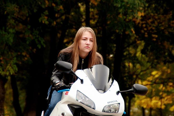 girl, motorcycle, leather jacket, ride, biker, blonde, beauty