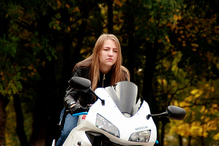 girl, motorcycle, leather jacket, ride, biker, blonde, beauty