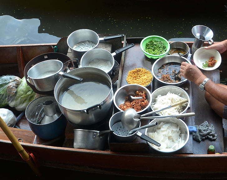 pentole, padelle, cucina, barca, barca di fiume, cucina, cibo