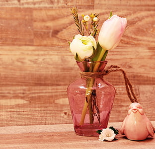 tulips, ranunculus, bird, vase, flowers, flower vase, spring flowers