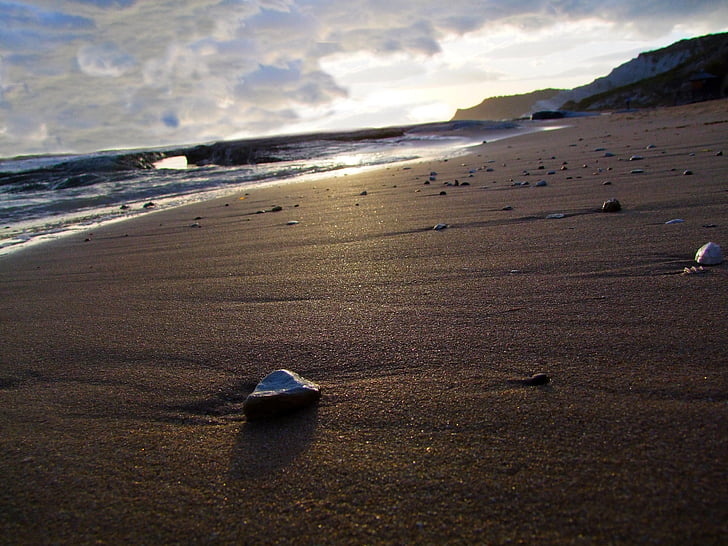 pedra, platja, sol, relaxació, marí, posta de sol, natura