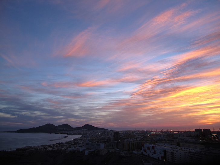 Gran canaria, céu, amanhecer, cidade de panorama, Península de, Ilhéu, mar