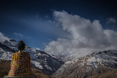 buddha, clouds, cold, ice, landscape, mountain range, mountains