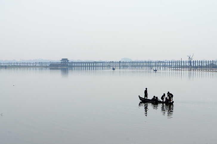 Myanmar, Lago, ponte de perna de u, ponte, nevoeiro, água, bota