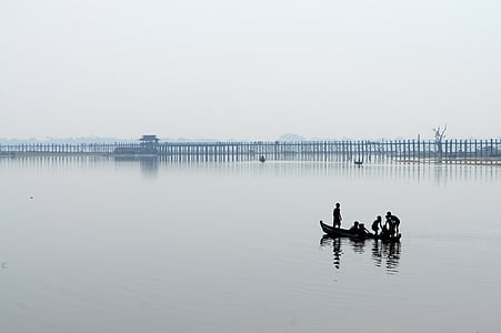 Myanmar, Lac, pont de jambe u, pont, brouillard, eau, botte