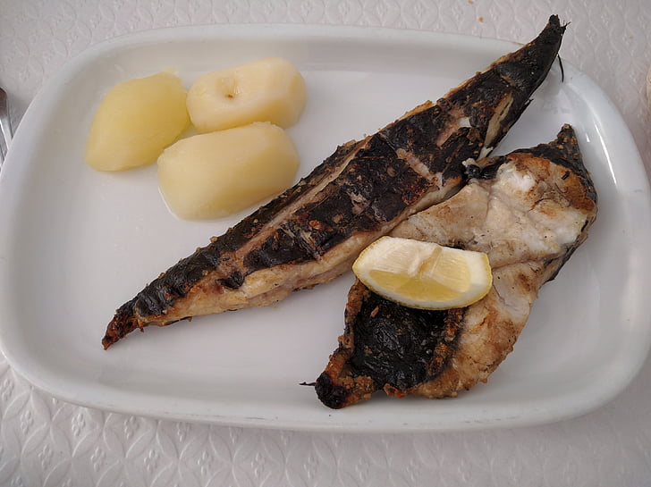 ryby, ziemniaki, -Grill, jedzenie, kolacja, cytryna