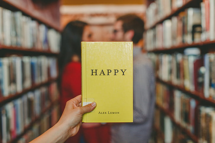 feliç, titulat, llibre de text, home, dona, parella, persones