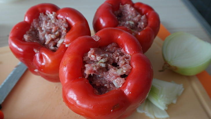paprika, red fill, minced meat, stuffed peppers, onion, sweet peppers, cook