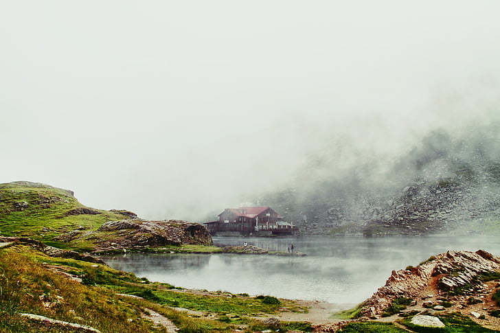 fog, house, lake, landscape, mist, mountain, nature