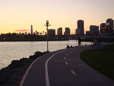 Long beach, Kalifornia, Zmierzch, ścieżka rowerowa, noc, Skyline, Architektura