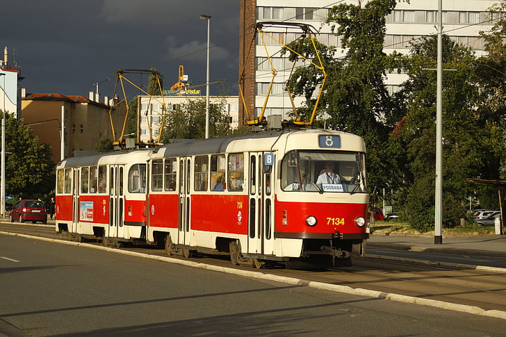 the tram, transport, prague, city, street, public transport