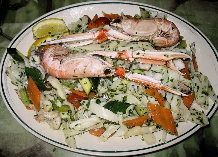 fish salad, shell fish, peppers, shrimp, calamari
