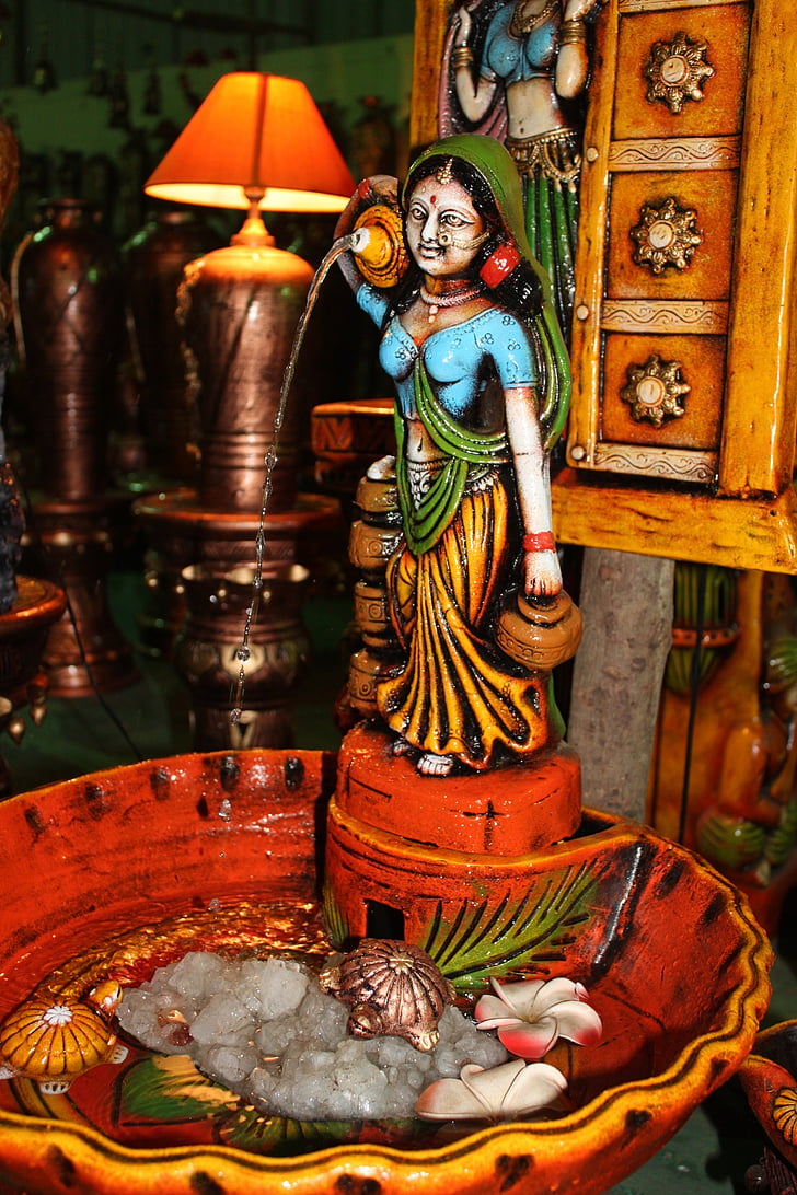 indian, water, fountain, woman, colorful, deco, figure