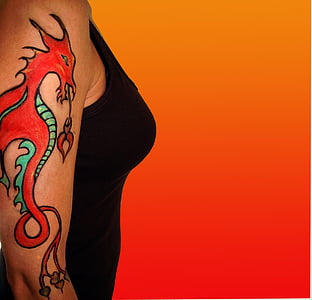 tetoválás, ideiglenes, sárkány, kar, Lady, női, határ