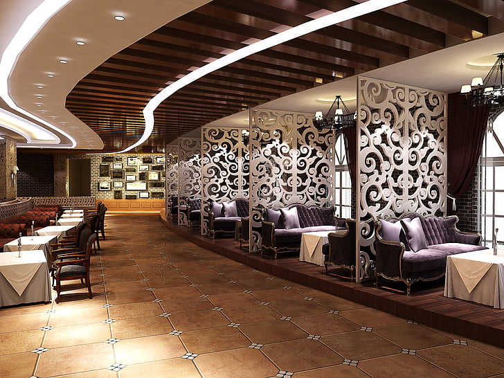 cafe, purple, retro, indoor, restaurant design
