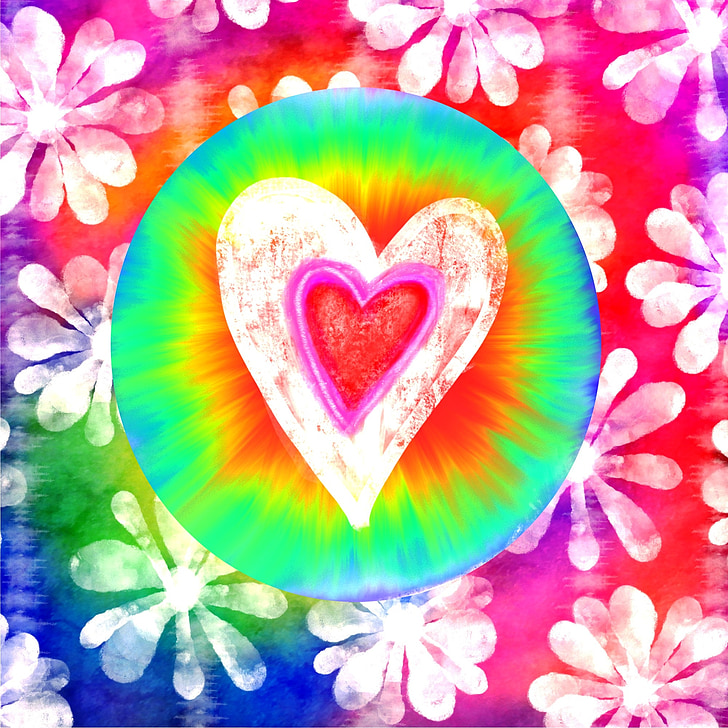 szerelem, hippi, szivárvány, színes, tie-festék, szív, virágok
