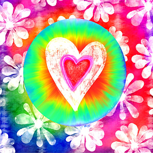 meilė, hipis, vaivorykštė, spalvinga, kaklaraištis dažų, širdies, gėlės