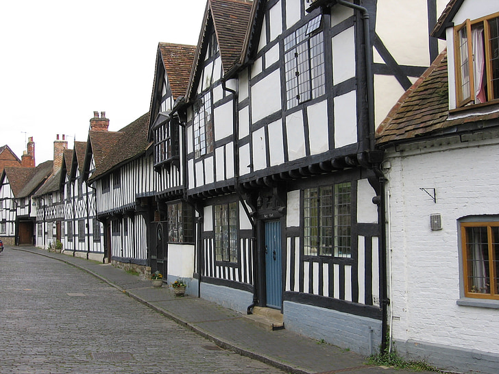 Stratford, cu traverse din lemn, clădiri, medieval, High street, Warwickshire, Anglia
