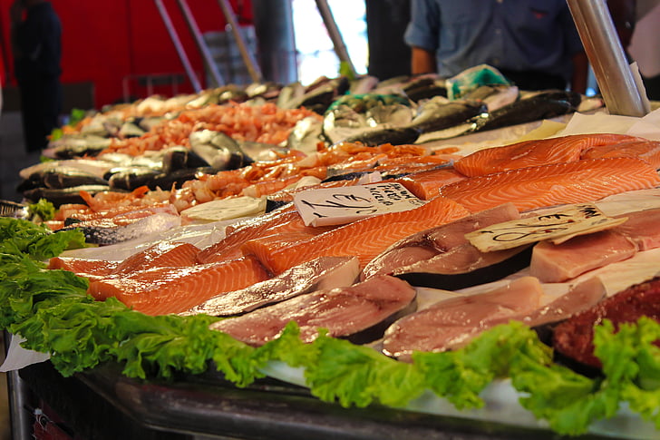 fish, fish stand, fishes, fresh, market, meat, raw