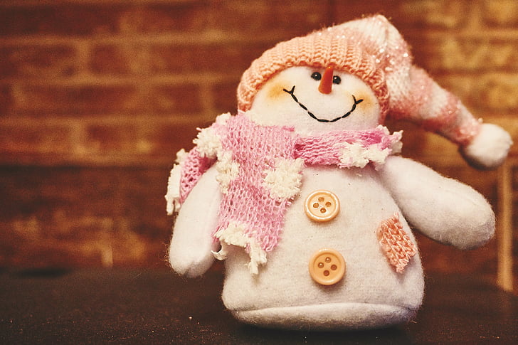 Branco, bege, -de-rosa, boneco de neve, pelúcia, brinquedo, cachecol