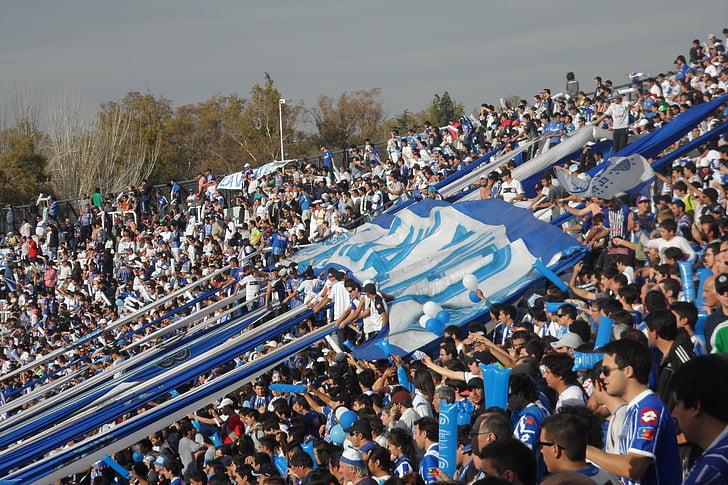 Estadio, fútbol, banderas, azul, corte, popular, fanáticos