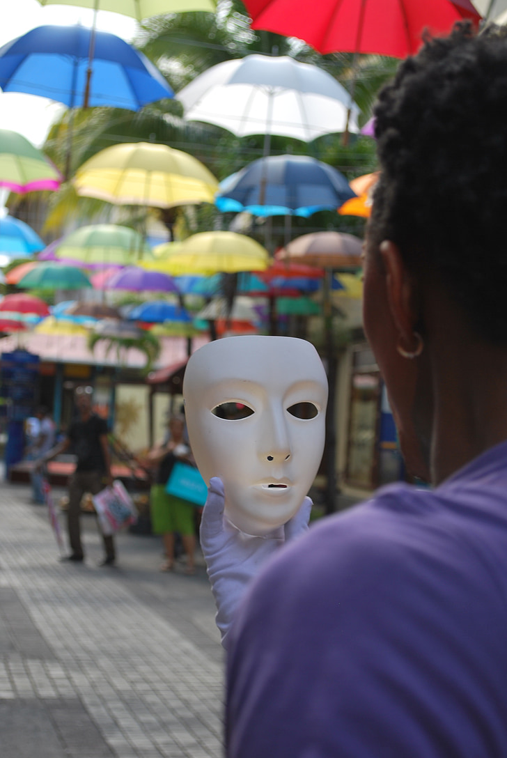máscara, rua, guarda-chuvas, desempenho, jovem, pessoa, cara
