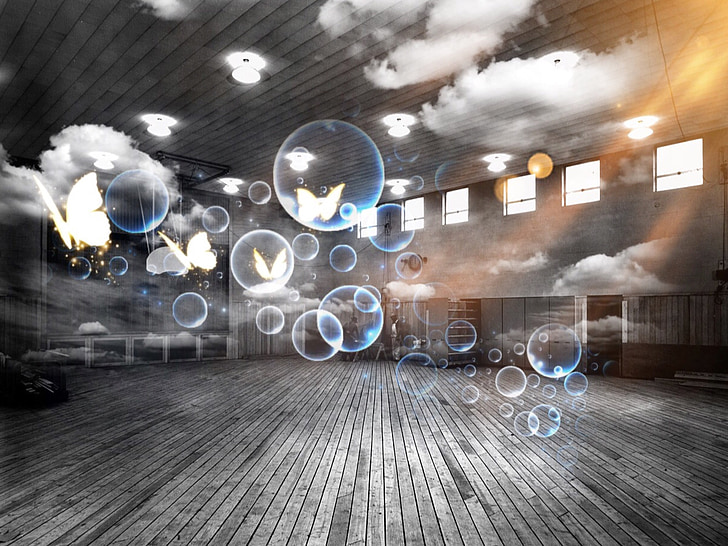 sports hall, soap bubbles, surreal, clouds, heavenly, ease, dance