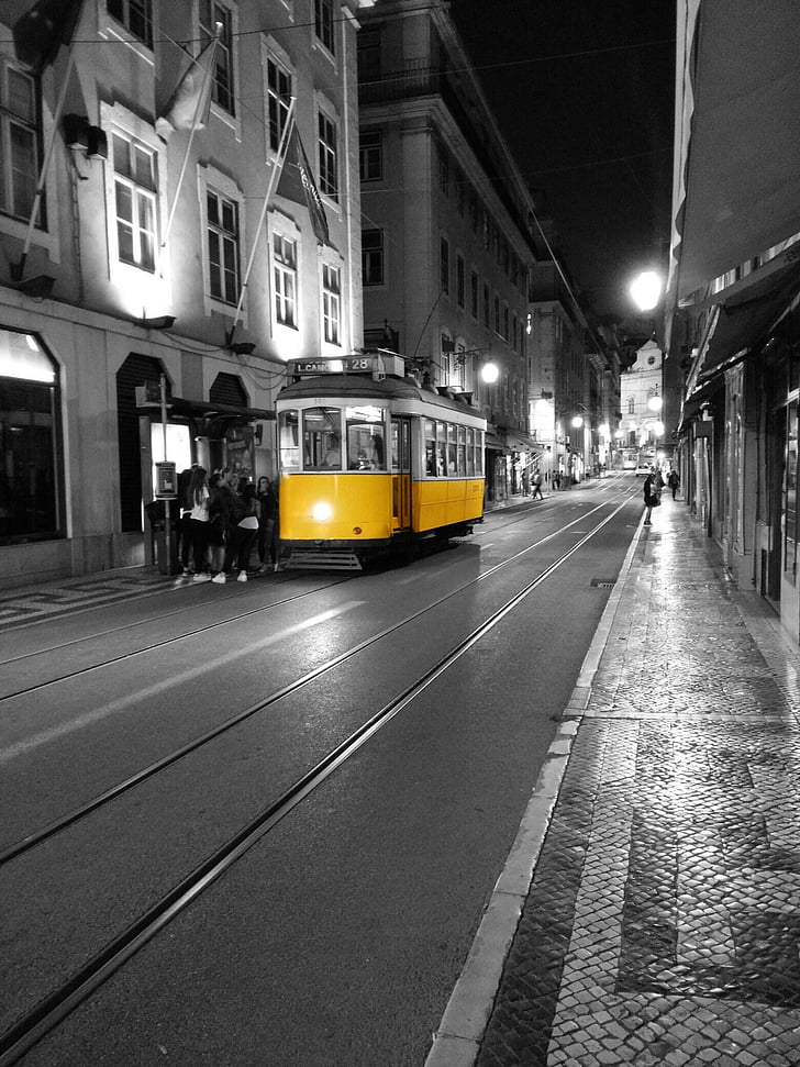 portugal, lisbon, metro, tram, street, yellow, black