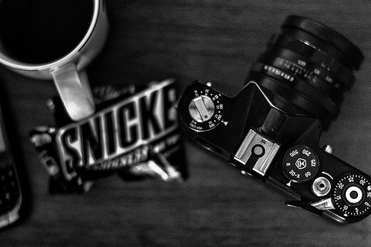 snickers, photo, camera, cup, still life, style, lifestyle