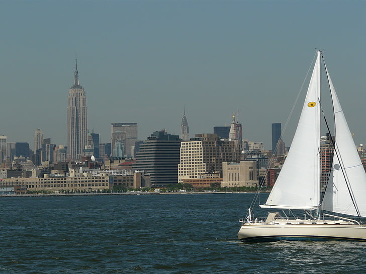 Río Hudson, velero, vela, vela, ciudad de nueva york, ciudad de Nueva York, paisaje urbano