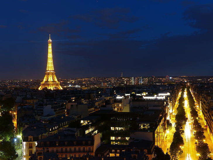 Eifflov stolp, noč, Pariz, Francija, osvetljeni, luči, mesto
