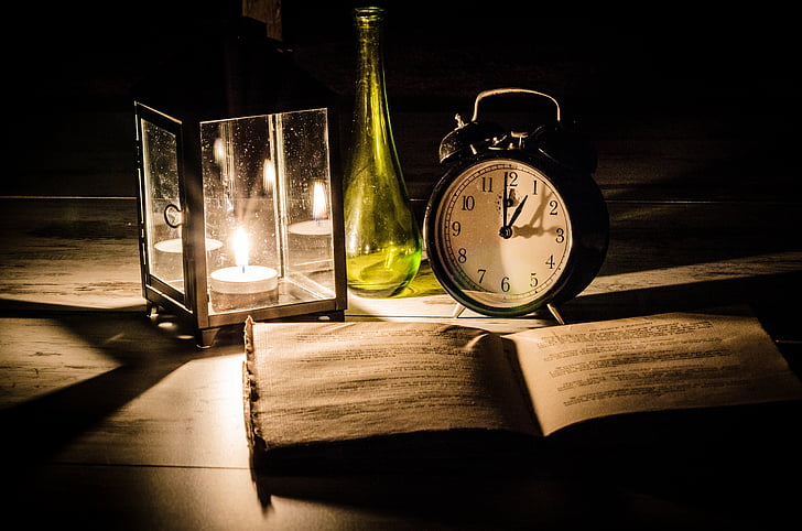 desk, book, candle, clock, table, study, old book