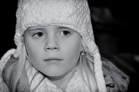 anak, Gadis, wajah, topi, musim dingin, rekaman hitam dan putih, orang-orang