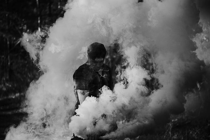 man, surrounded, smoke, poster, people, guy, male