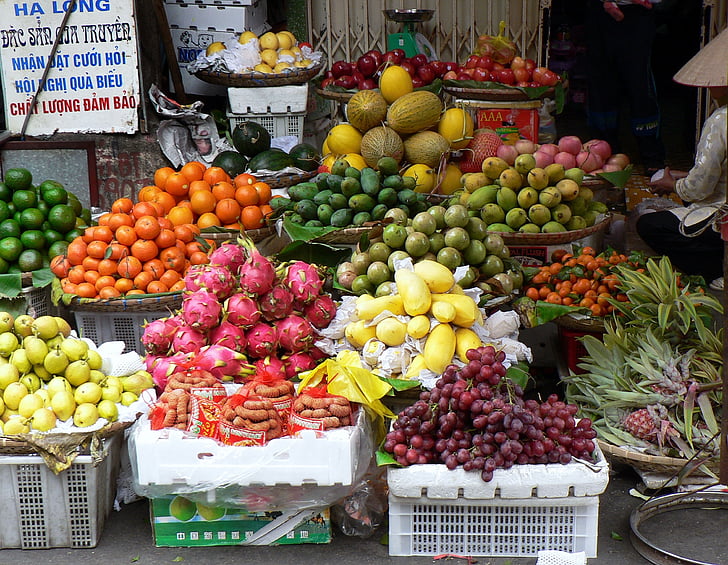 Vietnam, marked, frugt, ETal, eksotiske, mad, sælger