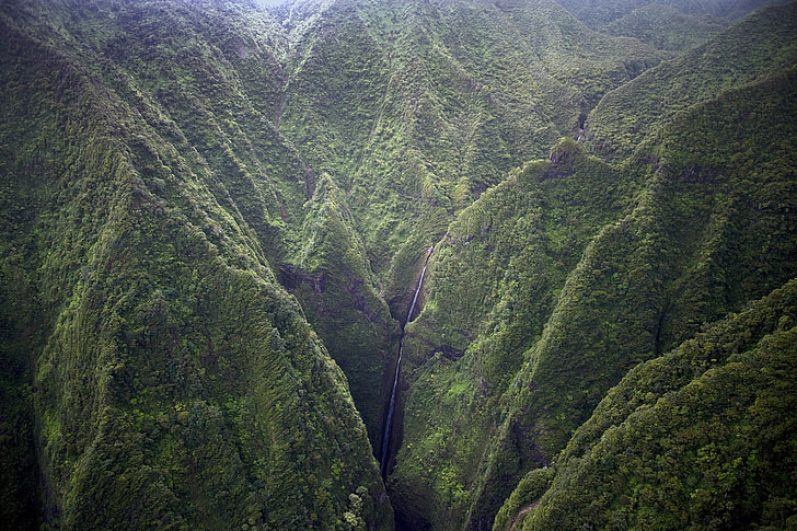 waterfall, mountains, landscape, hawaii, island, kauai, scenic