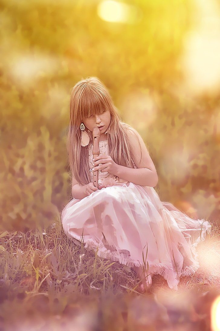flute, girl, music, child, nature, out, meadow