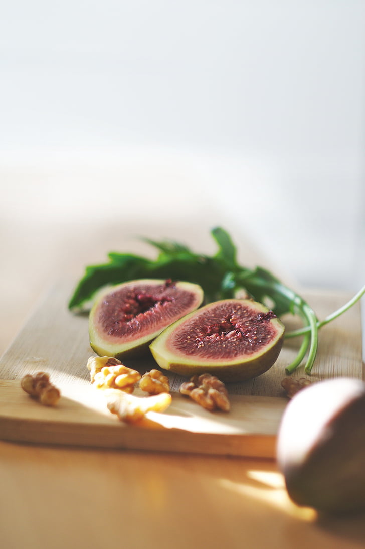 photo, two, sliced, common, fig, walnut, food