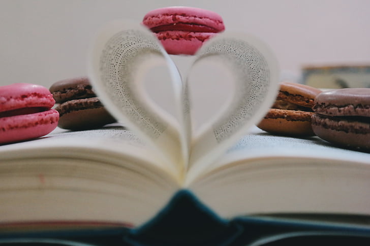 heart, shaped, open, book, page, french, macaroons