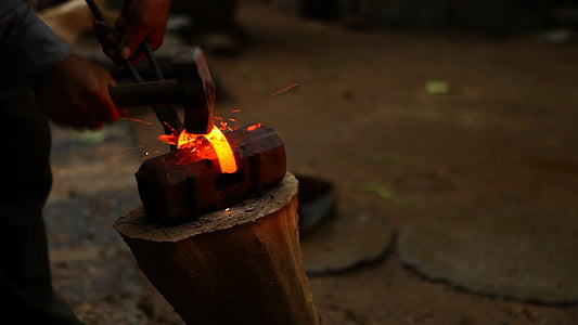 blacksmith, fire, in rural areas, farmer, deep color, partial, hand