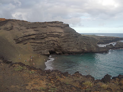 녹색 모래, papakōlea 비치, 하와이, 빅 아일랜드, 석탄 재 콘, 바다, 해안선