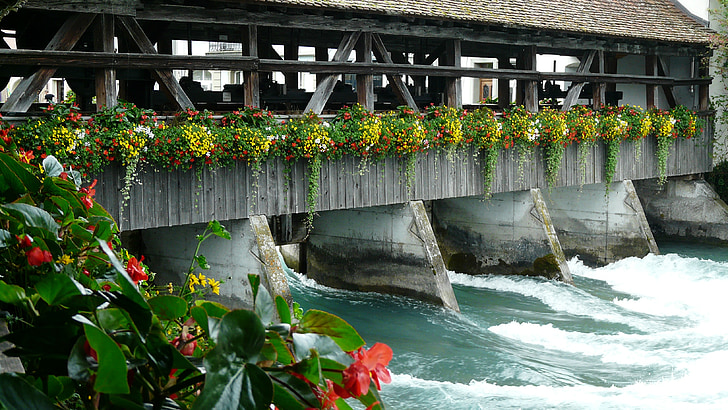 zámek, Aare, Thun, Švýcarsko, most pro pěší, staré město, řeka