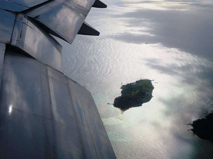 aircraft, island, fly, from above, out of plane, outlook